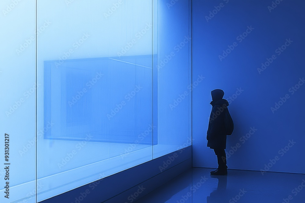 Mysterious silhouette of a person in a minimalist glowing blue space evoking solitude introspection and connection between individual and environment ideal for modern art and conceptual themes Mysterious silhouette of a person in a minimalist glowing blue space evoking solitude introspection and connection between individual and environment ideal for modern art and conceptual themes