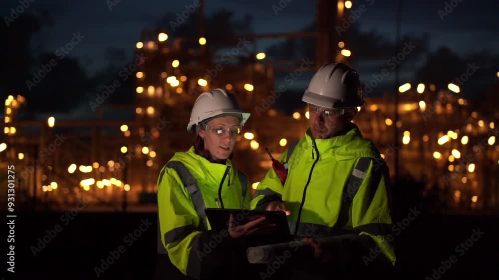 Team Engineer working at night shift with laptop Inside Oil Refinery Gas Chemical plant. Senior Engineer wearing safety jacket and PPE working about Petrochemica Chemical Prodiction Team Engineer working at night shift with laptop Inside Oil Refinery Gas Chemical plant. Senior Engineer wearing safety jacket and PPE working about Petrochemica Chemical Prodiction