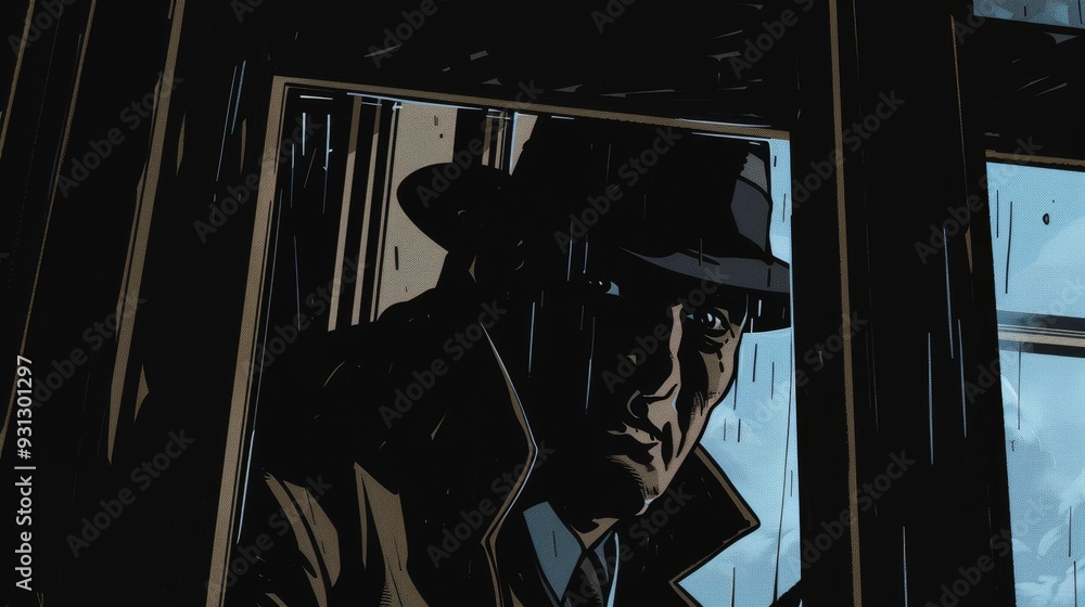 A mysterious figure in a trench coat and fedora gazes through a rain-soaked window, evoking suspense and intrigue. A mysterious figure in a trench coat and fedora gazes through a rain-soaked window, evoking suspense and intrigue.
