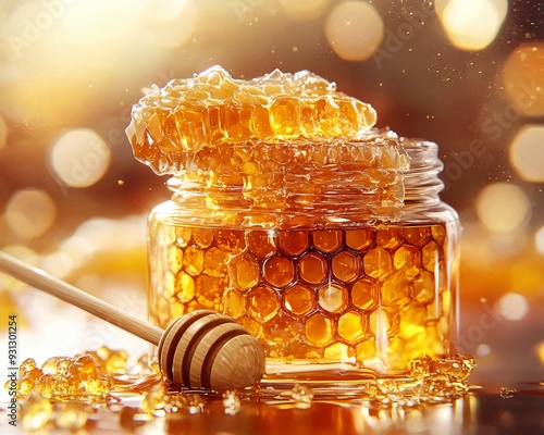 A captivating jar of golden honey surrounded by honeycomb, exuding a warm and inviting glow, perfect for culinary and wellness themes. photo