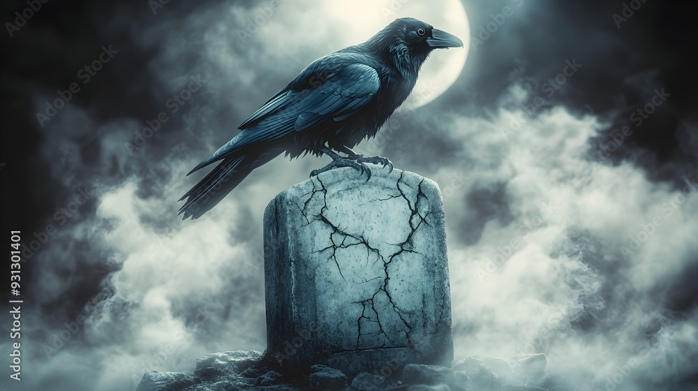 Fototapeta premium Raven on Tombstone in Foggy Night