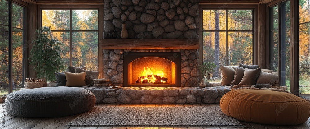 Living Room With Stone Fireplace, Rustic Charm, Cozy Ambiance, Modern Twist Living Room With Stone Fireplace, Rustic Charm, Cozy Ambiance, Modern Twist