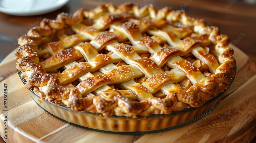 Delicious homemade pie with a golden lattice crust, displayed on a wooden board, perfect for dessert or a special occasion. Delicious homemade pie with a golden lattice crust, displayed on a wooden board, perfect for dessert or a special occasion.