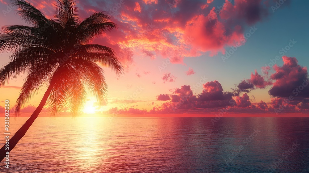 Fototapeta premium Palm tree silhouette against vibrant sunset. Perfect for tropical, summer, or vacation-themed projects.