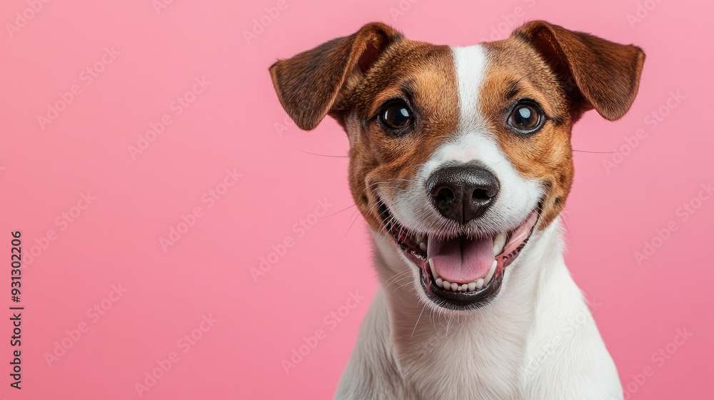 Close-up of a happy Jack Russell Terrier smiling with its tongue out against a pink background. Close-up of a happy Jack Russell Terrier smiling with its tongue out against a pink background.