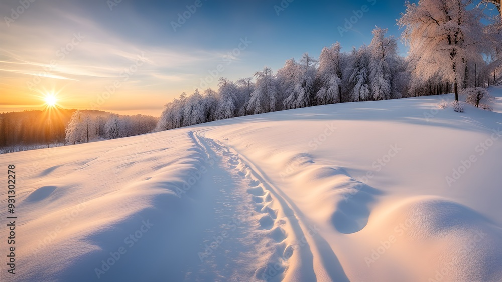 Footprints in fresh snow on a hill with a row of trees in winter in golden sunrise light Footprints in fresh snow on a hill with a row of trees in winter in golden sunrise light