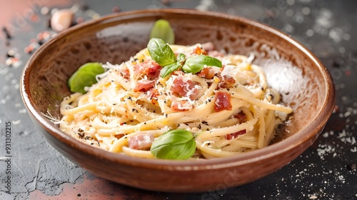 Spaghetti Carbonara served in a rustic bowl, featuring a generous amount of creamy sauce, crispy pancetta, and a dusting of Parmesan cheese photo