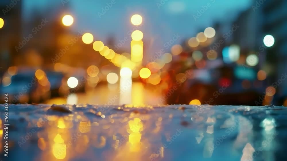 A wet street is shown with cars and streetlights in the background A wet street is shown with cars and streetlights in the background