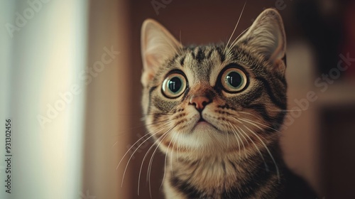 Close-up of a tabby cat's face, looking up with wide eyes.