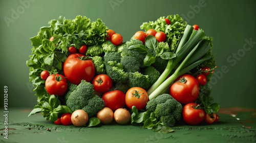 Fresh Vegetables Tomatoes Broccoli Lettuce Leeks Onions Basil Green Background