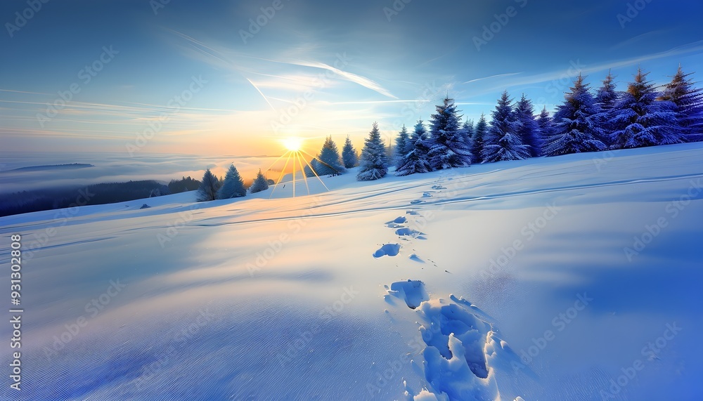 Footprints in fresh snow on a hill with a row of trees in winter in golden sunrise light Footprints in fresh snow on a hill with a row of trees in winter in golden sunrise light