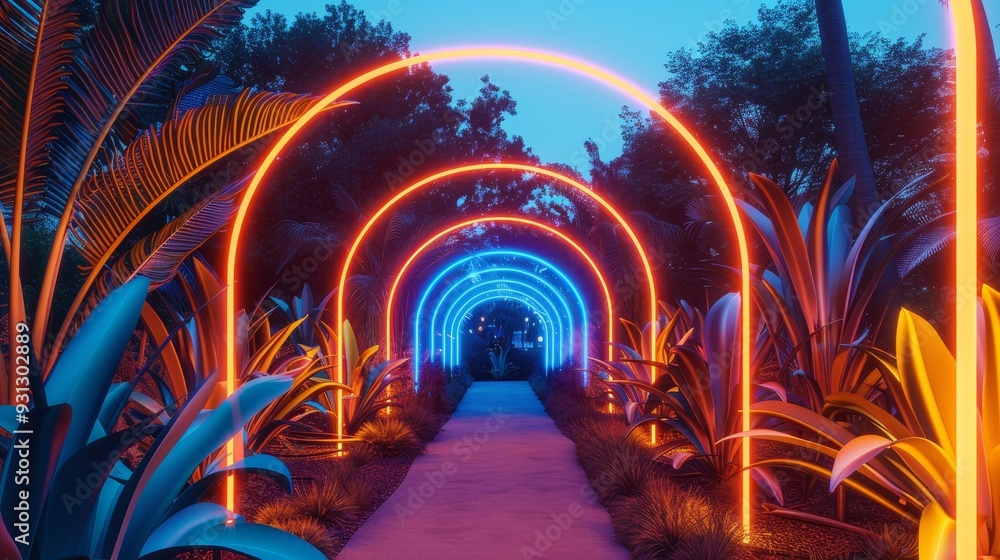 Vibrant neon lights illuminate a lush garden path, creating a surreal and enchanting atmosphere in the twilight. Vibrant neon lights illuminate a lush garden path, creating a surreal and enchanting atmosphere in the twilight.