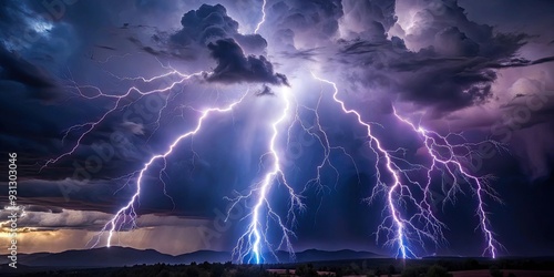 Dramatic image of lightning striking in a storm , thunderstorm, intense, powerful, electricity, weather