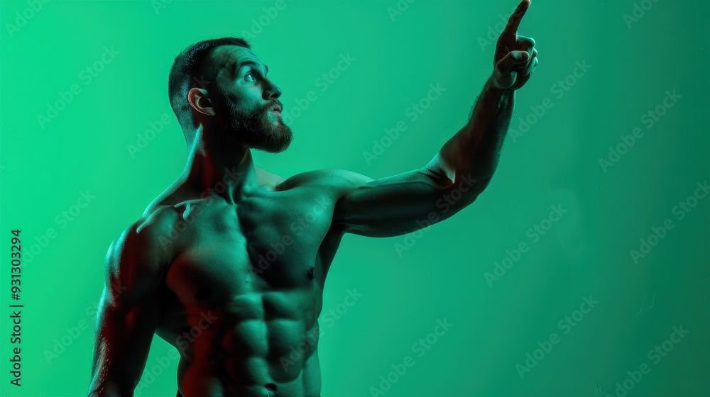A muscular man directing his finger upwards, isolated on a neon green background, in sport-specific training gear, powerful and intense. A muscular man directing his finger upwards, isolated on a neon green background, in sport-specific training gear, powerful and intense.