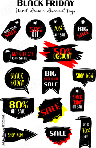 Vector set of hand-drawn Black Friday advertisement tags