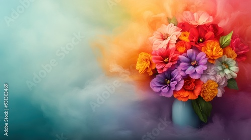 A colorful bouquet of flowers in a blue vase on smokey background, AI