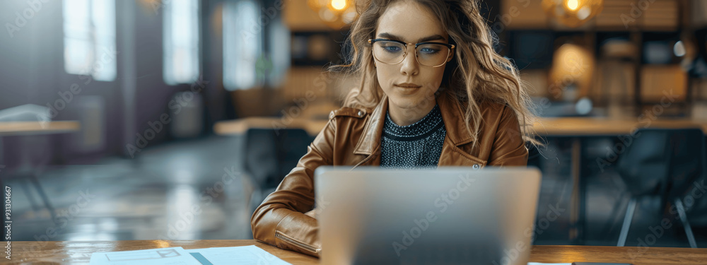 Fototapeta premium Young Woman Working On Laptop In Modern Workspace Wearing Glasses And Brown Leather Jacket