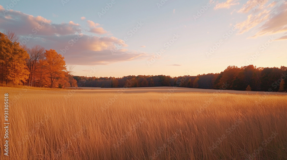 Fototapeta premium A wide-angle shot of an expansive field showcases tall grass turning golden in the autumn sunset. Trees with vibrant fall colors line the horizon, and the sky is adorned with warm pink and orange.