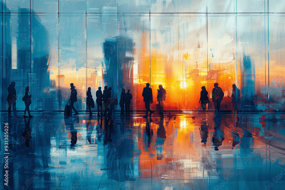 Silhouettes Of People Walking In Modern Building With Sunset Cityscape Reflection Silhouettes Of People Walking In Modern Building With Sunset Cityscape Reflection