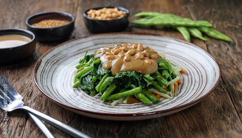 Delicious Green Beans Salad with Peanut Sauce and Peanuts on a Plate