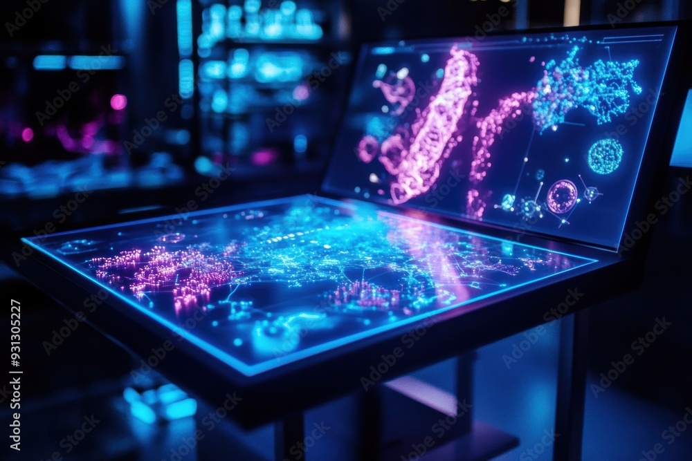 Advanced biology featuring taxonomy classification and biochemistry through a sophisticated holographic display Advanced biology featuring taxonomy classification and biochemistry through a sophisticated holographic display