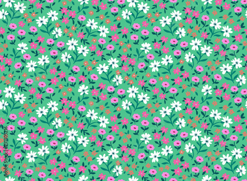 Seamless ditsy floral pattern. Cute garden flowers and leaves colorful pattern. Ditsy print. Liberty template for fashion prints.