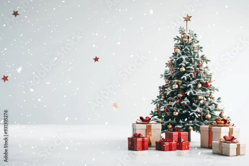 3D rendering of a Christmas tree with presents on a white background with falling snow. New Year and Christmas concept, banner for advertising design, mockup design template.