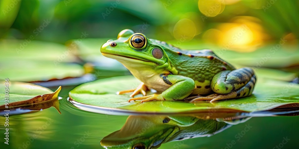 Green frog sitting on a lily pad in a pond, green frog, Lithobates clamitans, Rana clamitans, amphibian, wildlife, nature Green frog sitting on a lily pad in a pond, green frog, Lithobates clamitans, Rana clamitans, amphibian, wildlife, nature