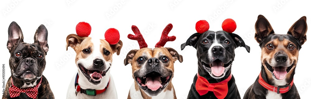 three dogs wearing Christmas outfits, one with antlers and a bow tie ...