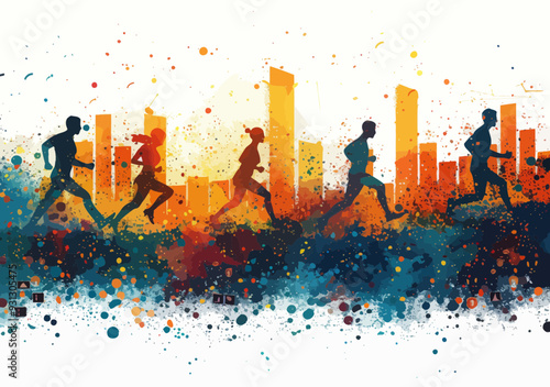 Team Running Up Business Icons Illustration, Career Growth Concept with Office Buildings, Silhouettes of People Running, Abstract Business Background, Vector Art, Motivational and Inspirational Theme