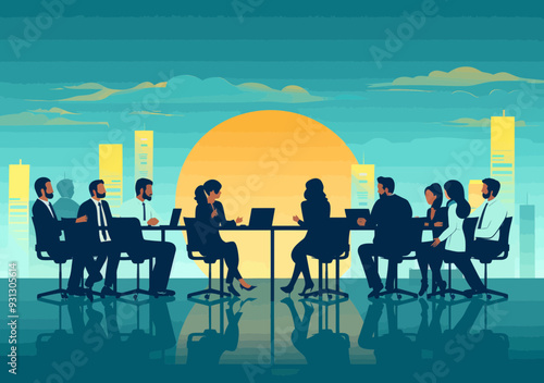 Business Team Meeting at Sunset, Collaborative Office Teamwork, Minimalistic Vector Illustration, Evening Corporate Discussion in Urban Office Room