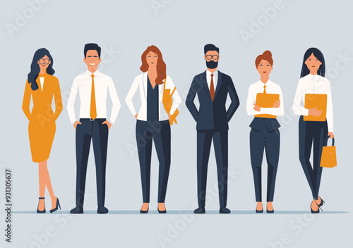 Diverse Business Team in Professional Attire Ready to Work Together - Minimalistic Vector Illustration for Corporate and Collaboration Themes