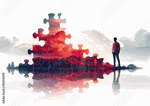 Business Growth and Success Concept: Man Holding Puzzle Piece with Mountain Panorama at Sunset, Minimalistic Vector Illustration