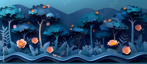Whimsical Paper Cut Forest Landscape with Towering Trees and Lush Foliage in Pastel Tones
