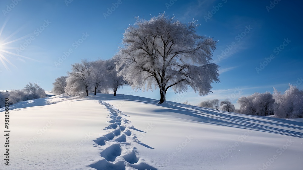 Footprints in fresh snow on a hill with a row of trees in winter in golden sunrise light Footprints in fresh snow on a hill with a row of trees in winter in golden sunrise light