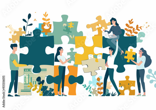 Collaborative Problem Solving and Troubleshooting Concept with People Holding Puzzle Pieces Working Together in a Minimalistic Vector Illustration