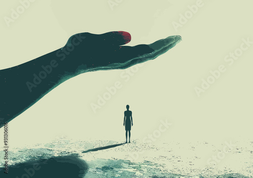 Businessman Searching for Opportunities Lifted by a Large Hand, Business Concept Illustration, Minimalistic Vector Depiction of Career Prospect and Support in a Serene Setting