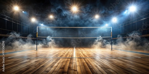 Illuminated wooden volleyball court with smoke, volleyball, sport, illuminated, wooden, court, smoke, outdoor, competition, game