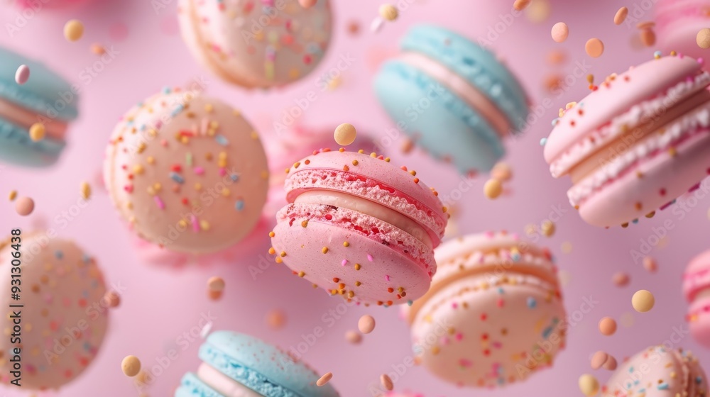 Delicious and vibrant macarons floating amidst colorful sprinkles on a pink background, perfect for dessert lovers. Delicious and vibrant macarons floating amidst colorful sprinkles on a pink background, perfect for dessert lovers.