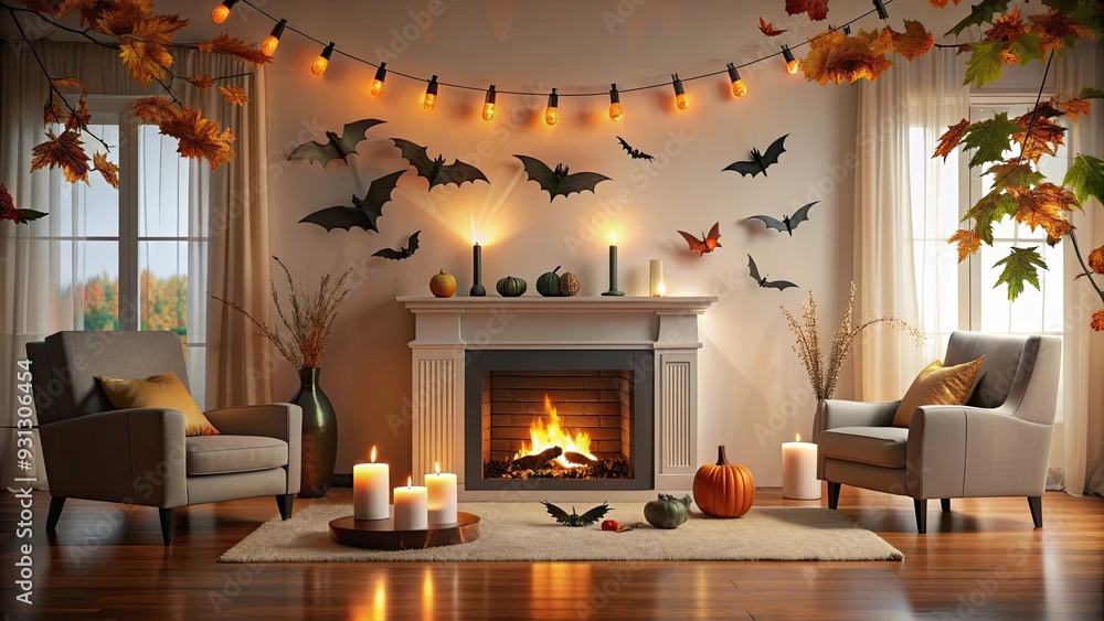Halloween themed living room with cozy fireplace, autumn leaves, and paper bats, living room, Halloween, fireplace, autumn Halloween themed living room with cozy fireplace, autumn leaves, and paper bats, living room, Halloween, fireplace, autumn