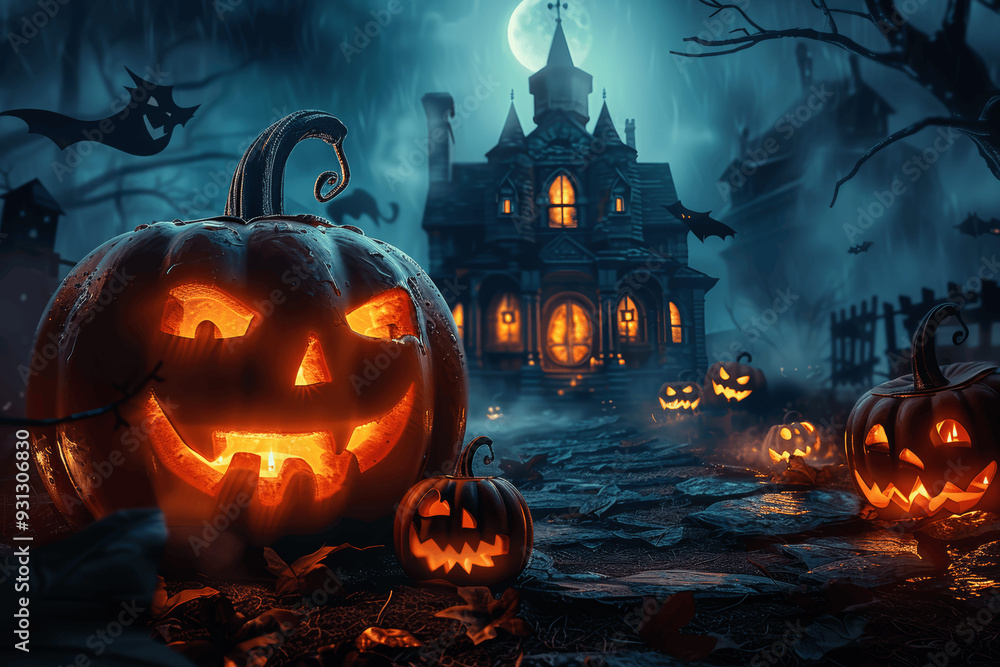 Spooky Halloween Night With Carved Pumpkins And Haunted House Under Full Moon Spooky Halloween Night With Carved Pumpkins And Haunted House Under Full Moon