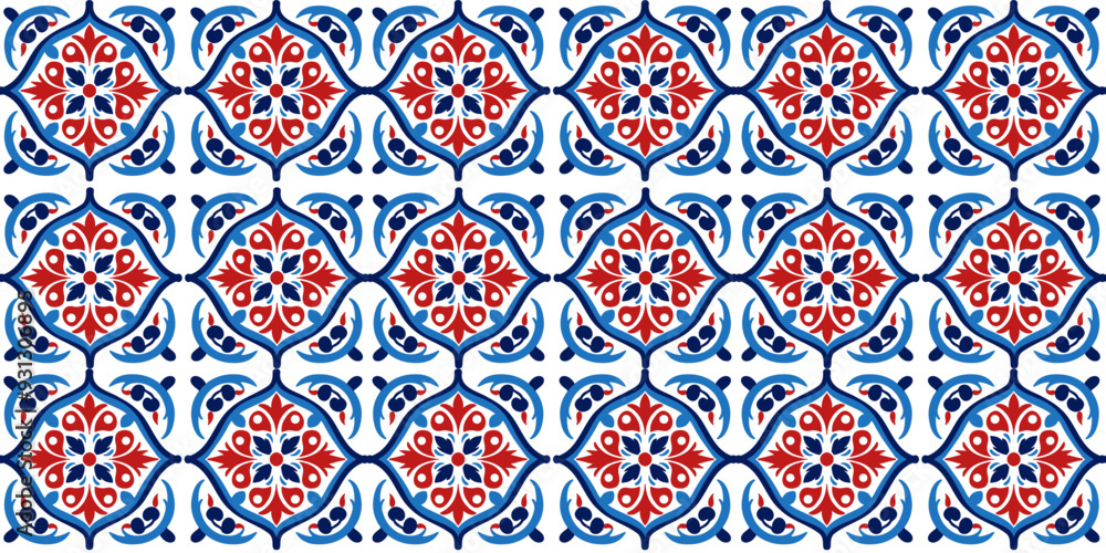 Seamless pattern of Turkish iznic ceramic tile texture ornament in red - blue tones Seamless pattern of Turkish iznic ceramic tile texture ornament in red - blue tones