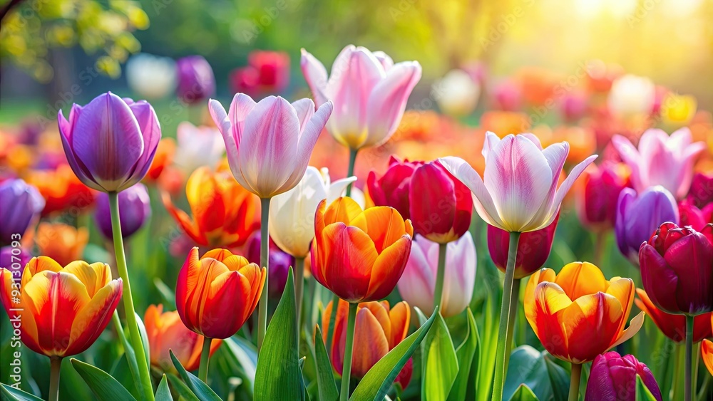 Vibrant tulip flowers in full bloom in a garden, spring, colorful, petals, flora, bright, beautiful, nature, floral, plant Vibrant tulip flowers in full bloom in a garden, spring, colorful, petals, flora, bright, beautiful, nature, floral, plant