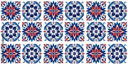 Seamless pattern of rhombus - round texture ornament stylized in red - blue tones