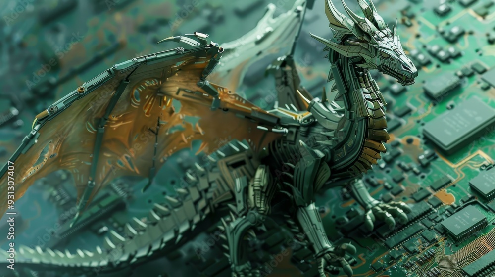 A metallic dragon perched on a circuit board, showcasing a blend of fantasy and technology in vibrant colors. A metallic dragon perched on a circuit board, showcasing a blend of fantasy and technology in vibrant colors.