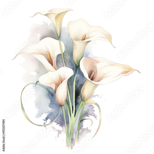 Fototapeta Naklejka Na Ścianę i Meble -  watercolor calla lilies flower on a transparent background, watercolor flower illustration, Transparent PNG