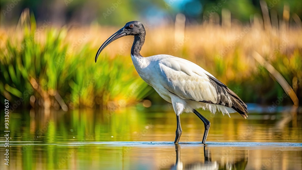 Naklejka premium African Sacred Ibis hunting for prey along the lakeside, wildlife, African bird, ibis, hunting, fishing, water bird