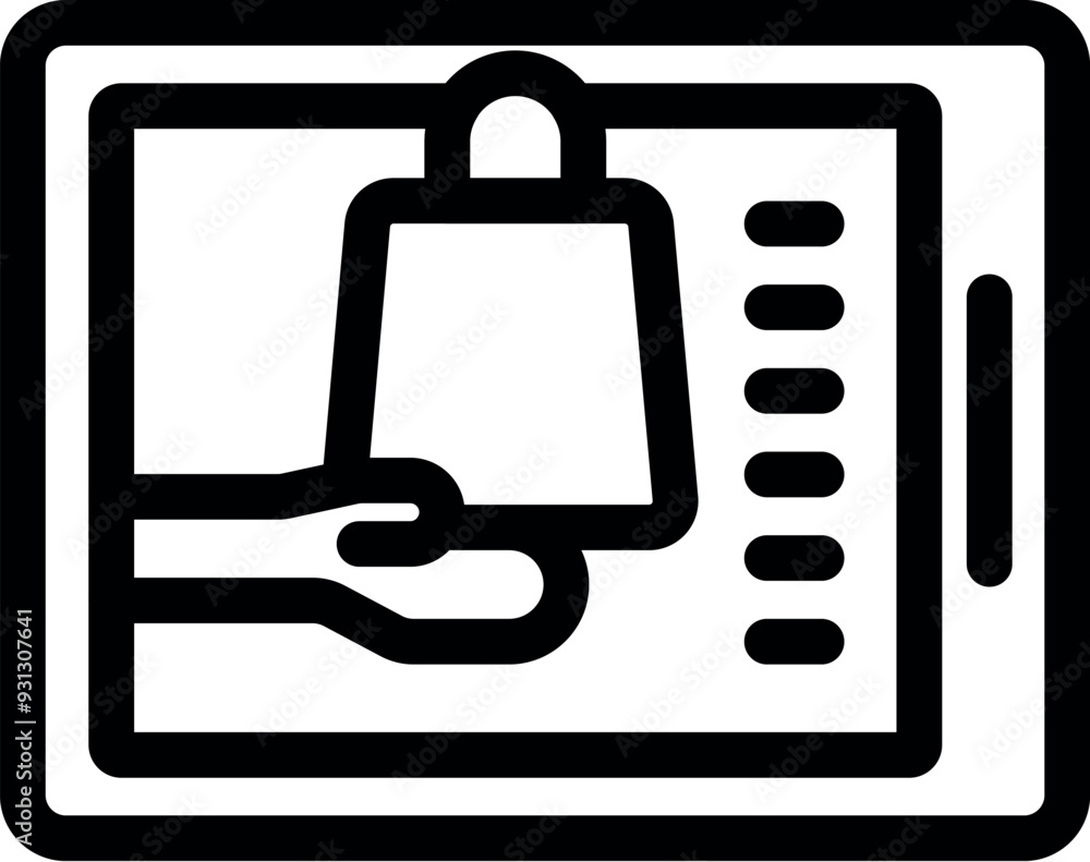 Hand giving a shopping bag from a tablet screen representing the concept of online shopping Hand giving a shopping bag from a tablet screen representing the concept of online shopping