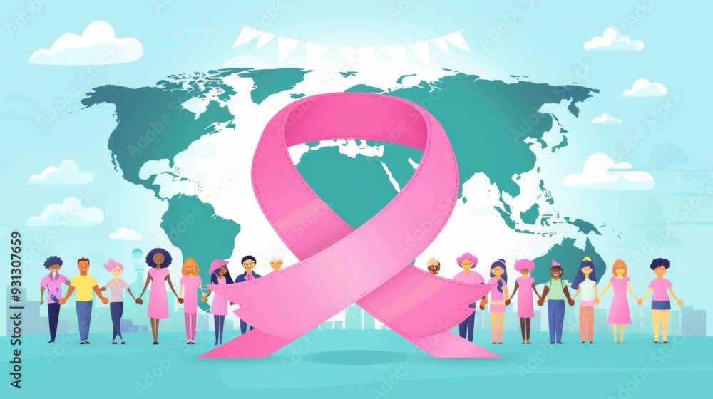 Diverse group of cartoon characters holding a large pink ribbon together with a banner reading Breast Cancer Awareness Month, set against a global backdrop cartoon Vector Illustration Diverse group of cartoon characters holding a large pink ribbon together with a banner reading Breast Cancer Awareness Month, set against a global backdrop cartoon Vector Illustration