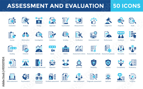 Assessment and Evaluation icon set with evaluation, analysis, testing, appraisal, examination, measurement, review, judgement, diagnosis, audit. Simple flat vector 
